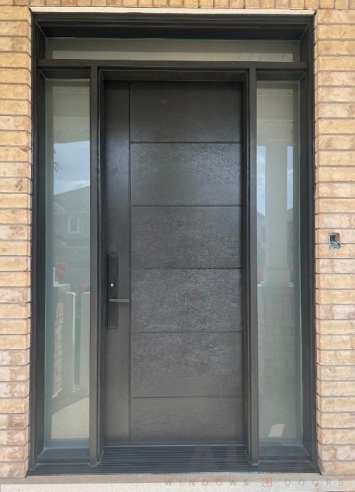Brown Fiberglass door with sidelites and transom