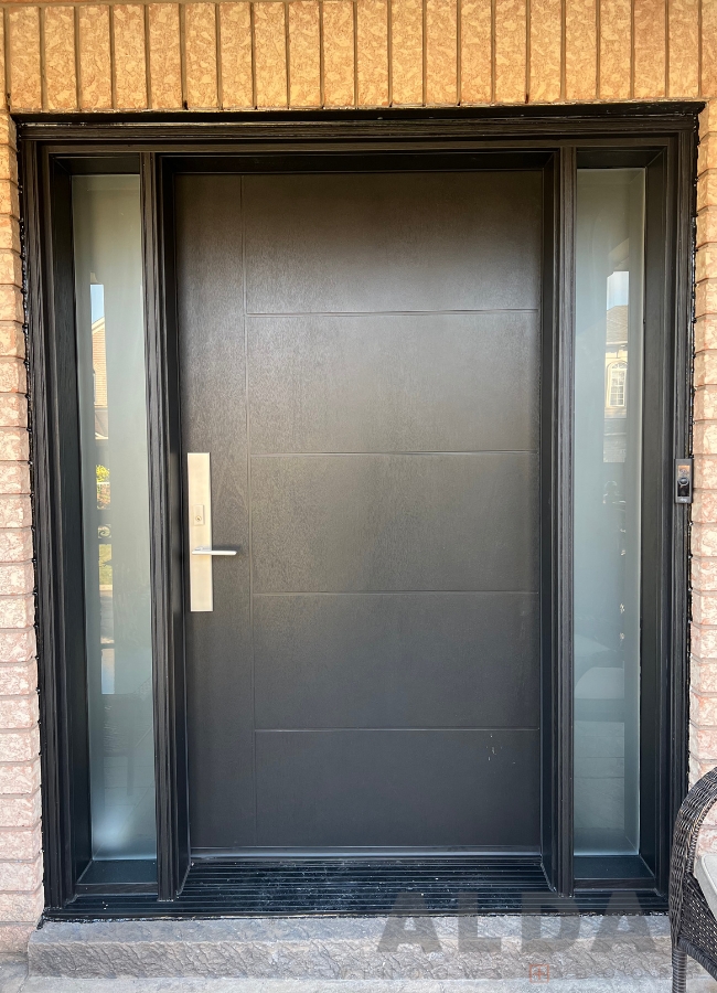 Brown Fiberglass door with two frosted sidelites