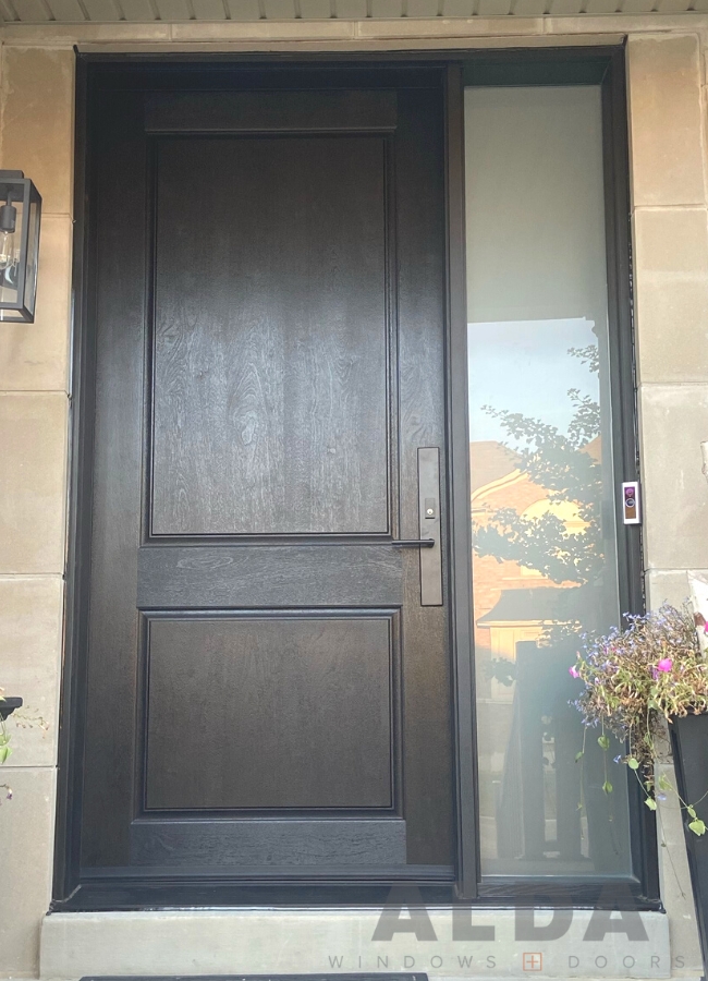 brown fiberglass door with wide sidelite