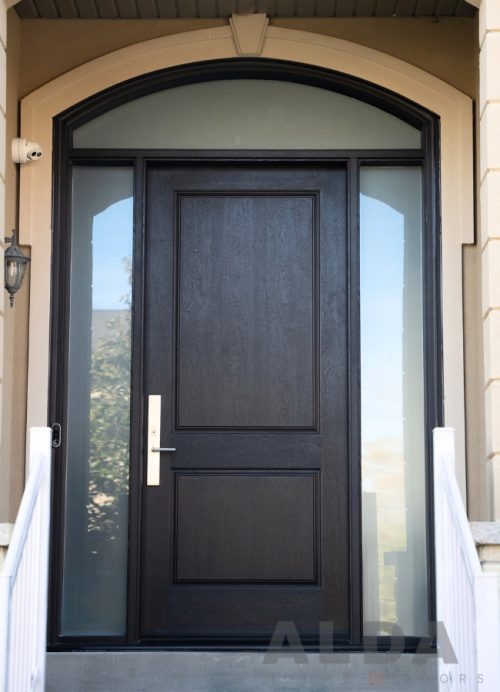 dark brown front door with glass and transom