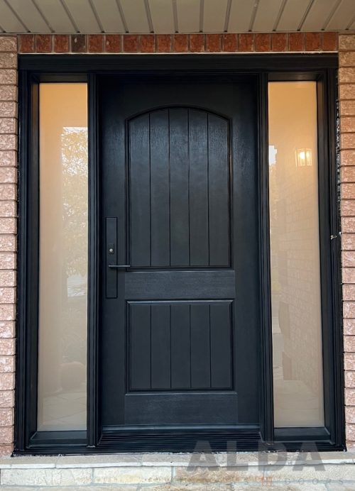 Black front door with frosted sidelites
