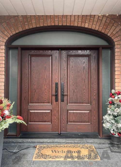 Brown Fiberglass Double Entry Door with wood finish