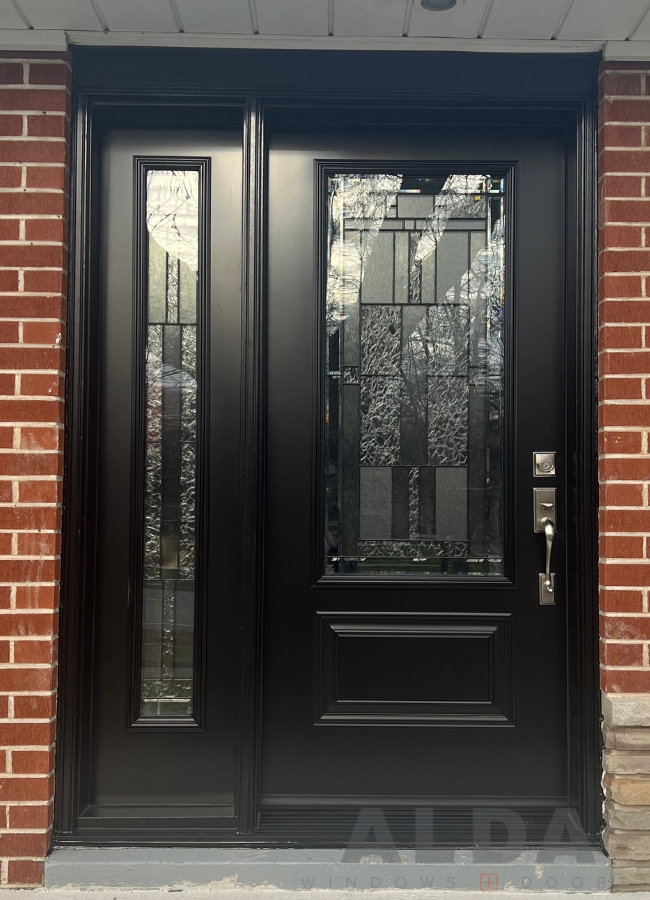 Black entry door with glass inserts