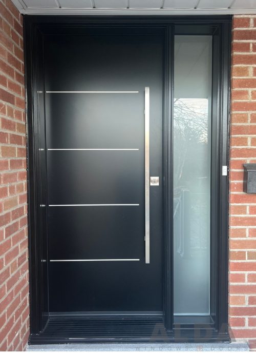 Contemporary black entry door with aluminum inserts