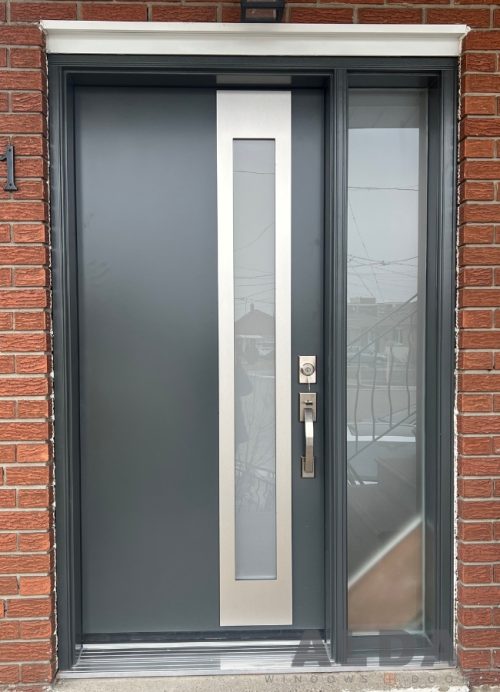 Contemporary grey entry door with sidelite
