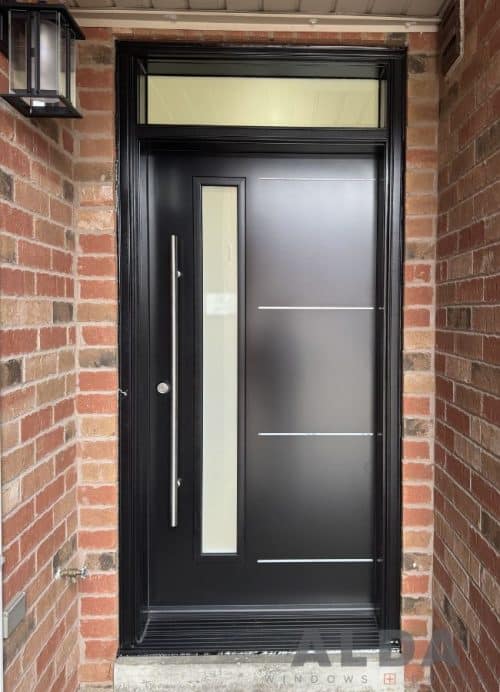 black stel entry door with glass insert and transom