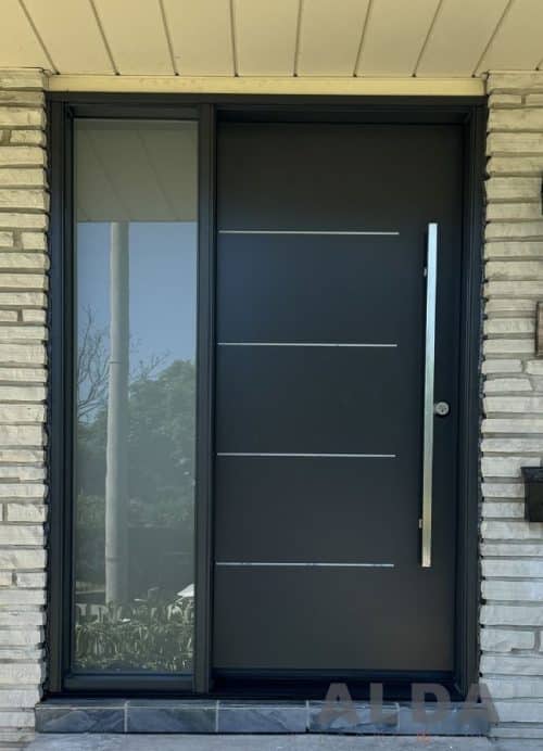 black steel door with wide sidelite and aluminum inserts