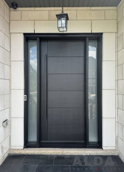 Black fiberglass front door with frosted sidelights