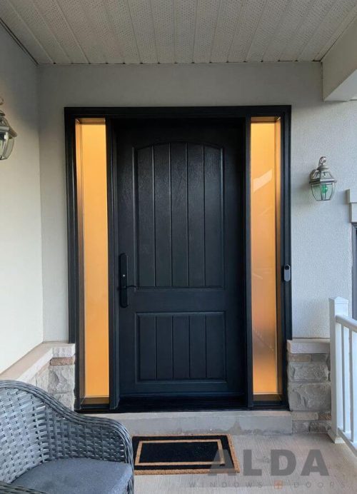 Black front door with two sidelites