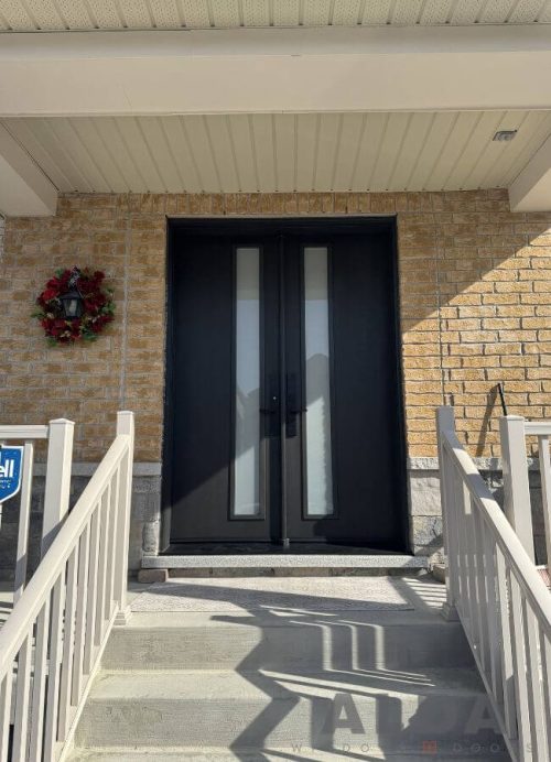 Black double front door with offset sandblast glass