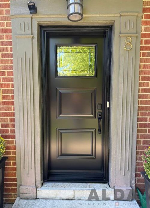 Black steel front door with glass insert