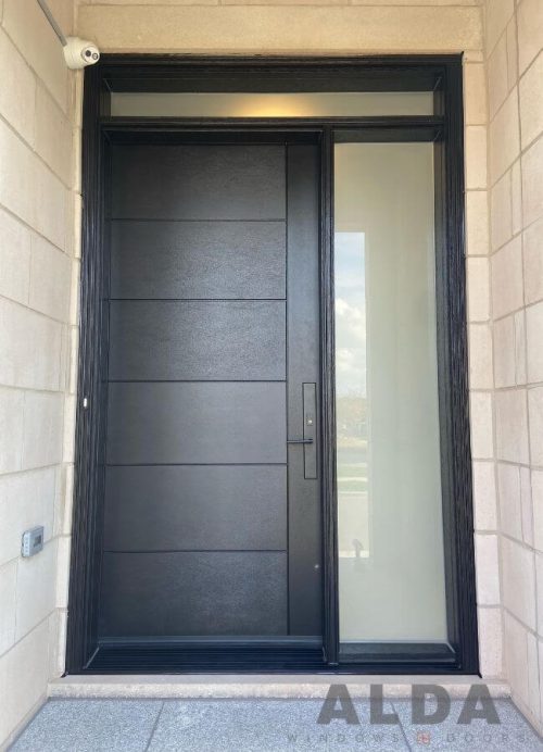 Black entry door with frosted sidelite