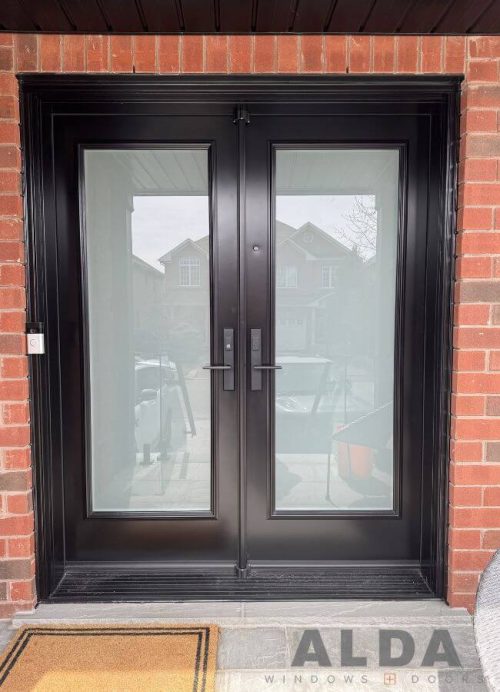 black double entry door sandblast glass