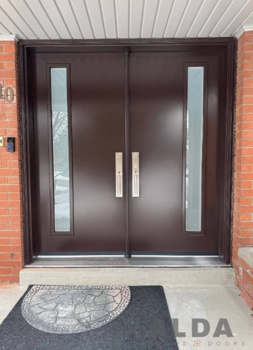 brown steel entry door offset glass