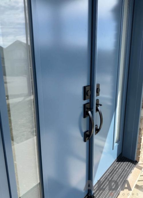 coastal blue double front door black handles