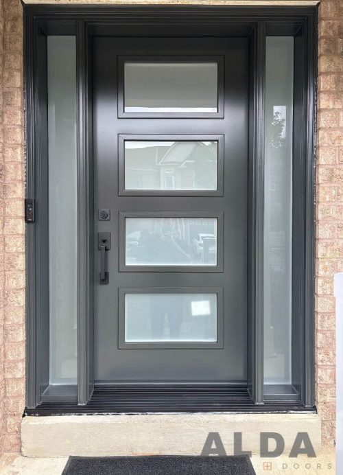 Grey front door sidelites glass steel entry