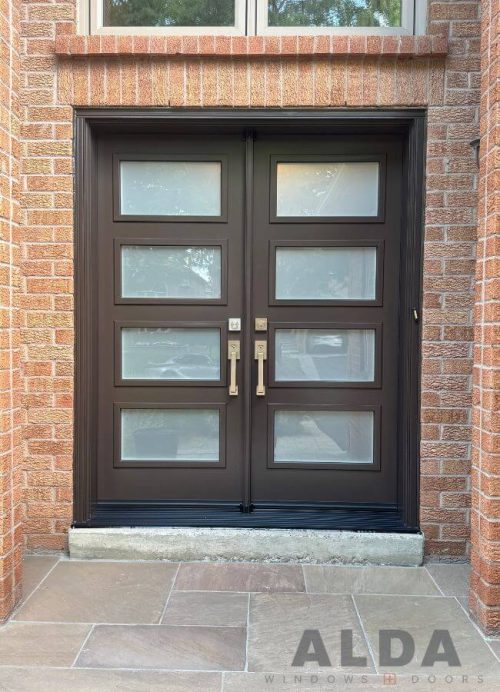 brown double front door multiple glass inserts alda