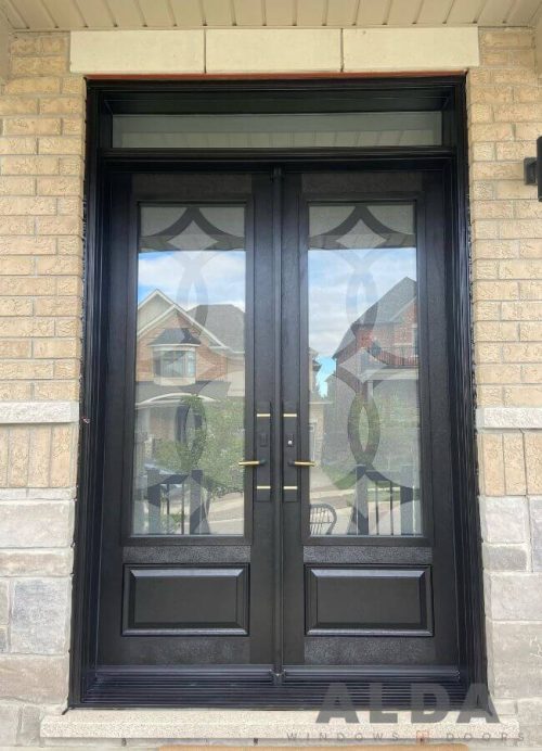 black fiberglass double entry door transom