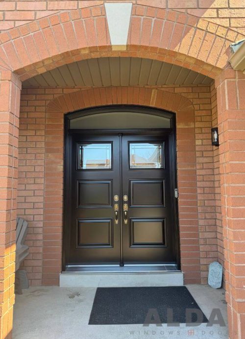 black steel double front door arched transom