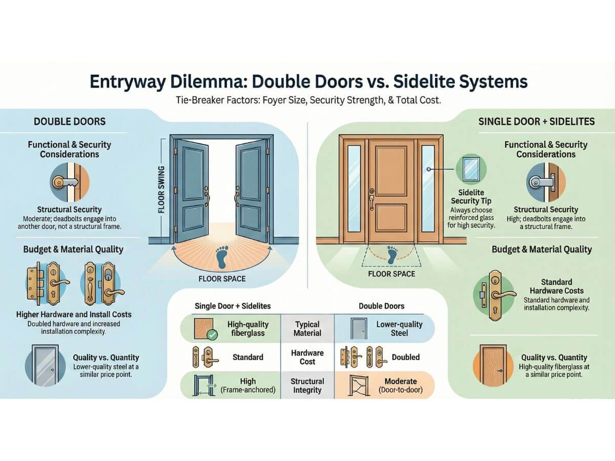 Entryway dilemma: choosing between double doors and a single door with sidelite systems for a front entrance.