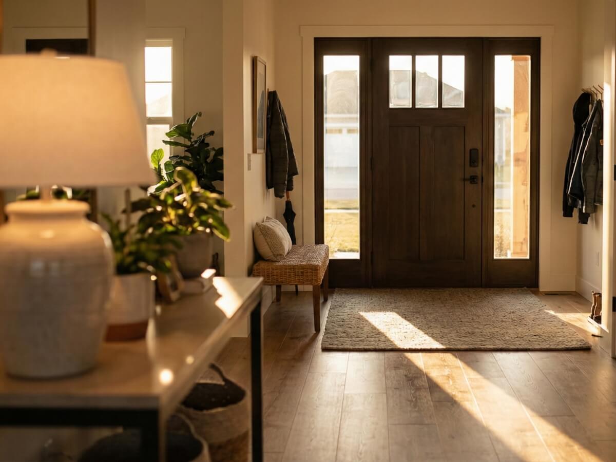 Interior view of a modern single front door with two sidelites, showcasing natural light in a bright foyer.
