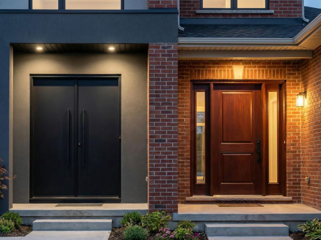 Comparison of a single door with sidelites vs double doors for a 5-6 foot front entryway, showing different front door configurations.
