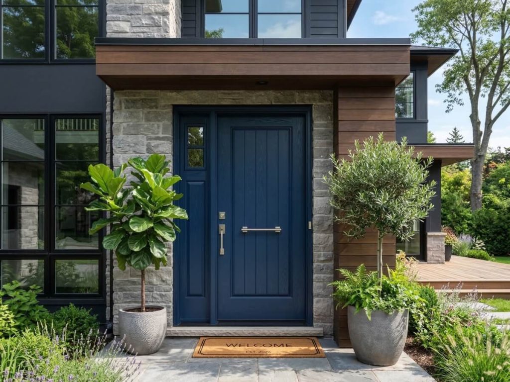 A modern fiberglass entry door installed without a storm door to maintain energy efficiency and warranty standards.