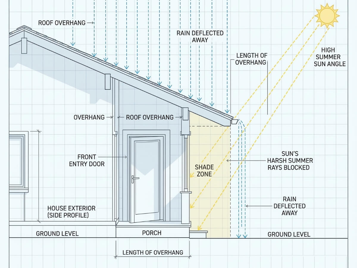 An architectural diagram demonstrating how a roof overhang protects an entry door from harsh weather and sun exposure.