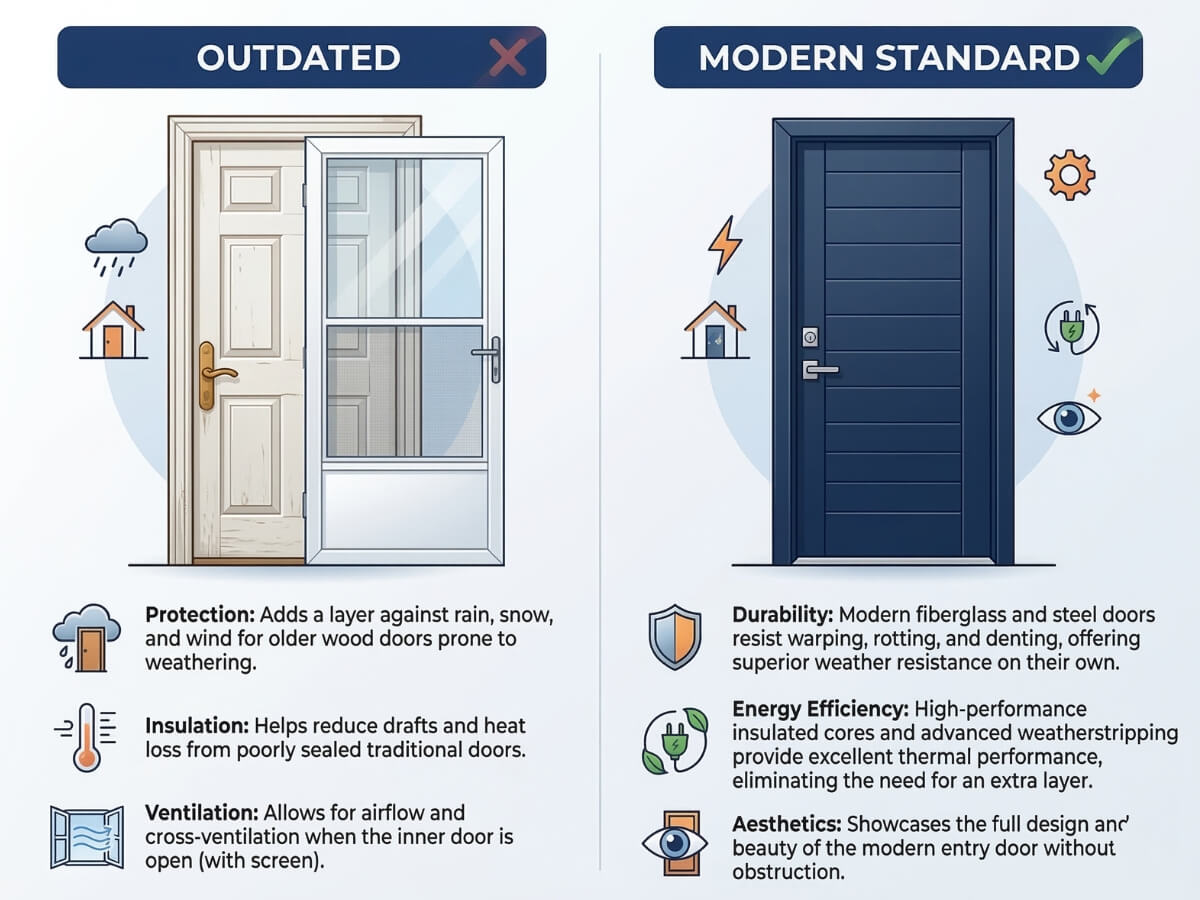 An infographic explaining why you do not need a storm door in 2026 for modern home exterior upgrades.