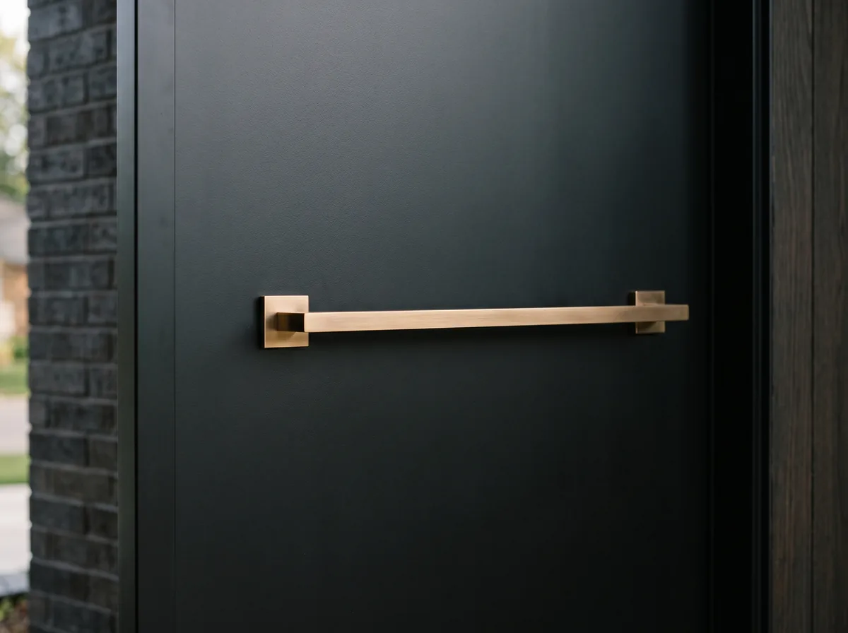 Close-up detail of modern matte black front door slab with brushed bronze pull