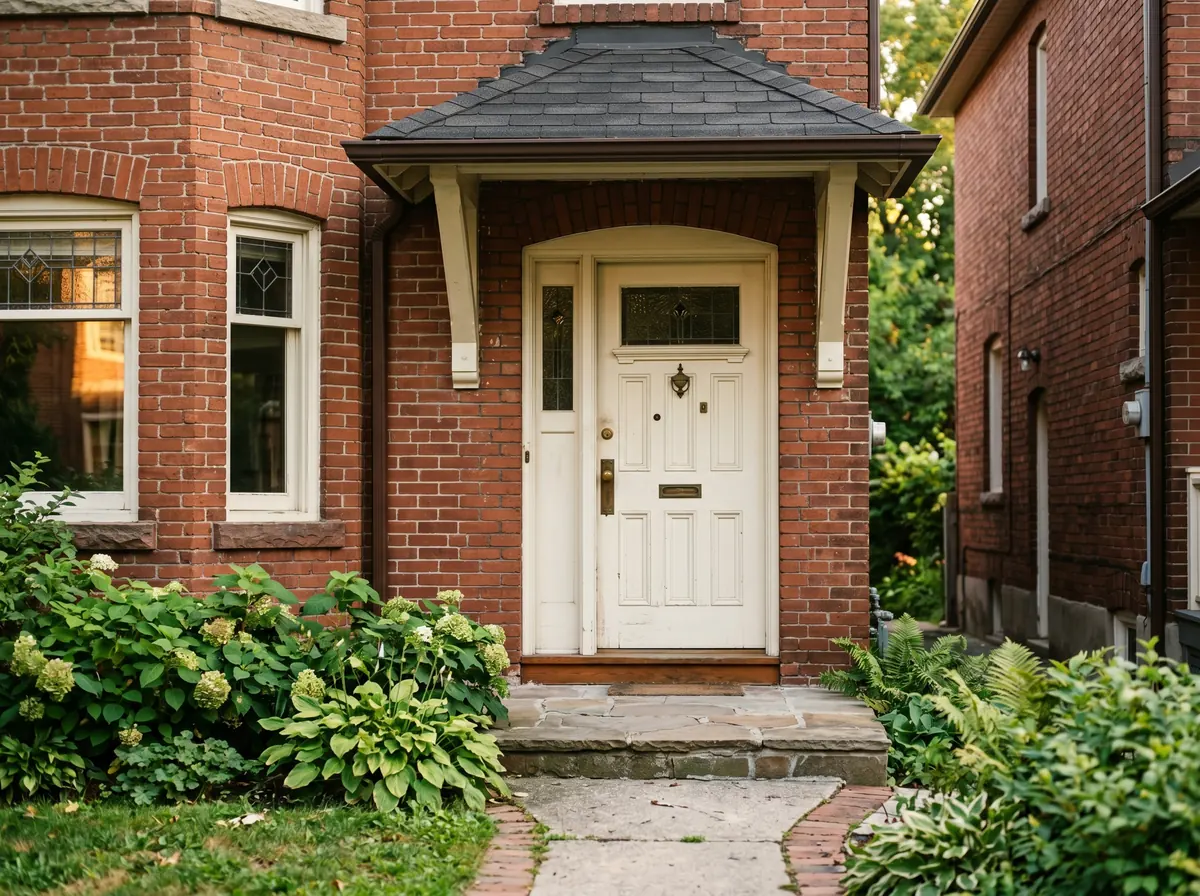 Off-white painted front door with brass hardware on a 1920s Toronto Edwardian semi