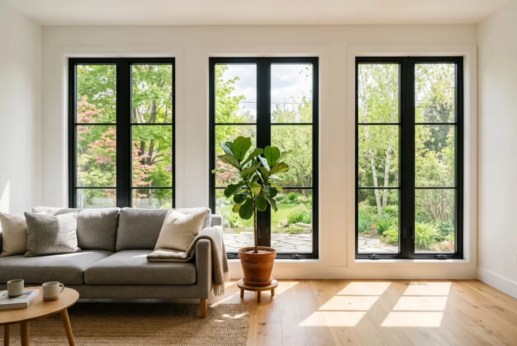 Bright minimalist living room interior with three black framed casement windows showing why black window frames are still in style