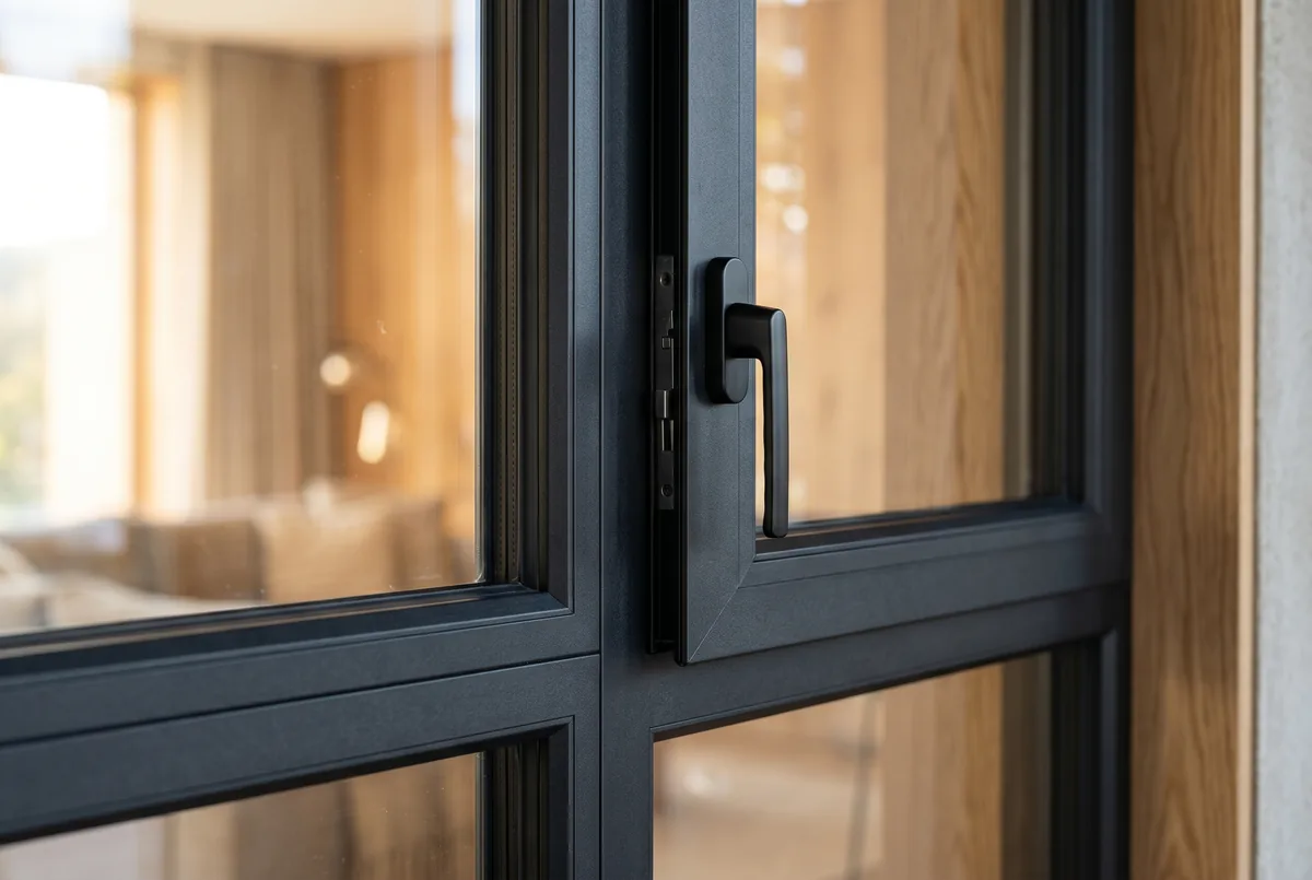 Close-up detail of a black window frame showing matte finish and hardware on a GTA home