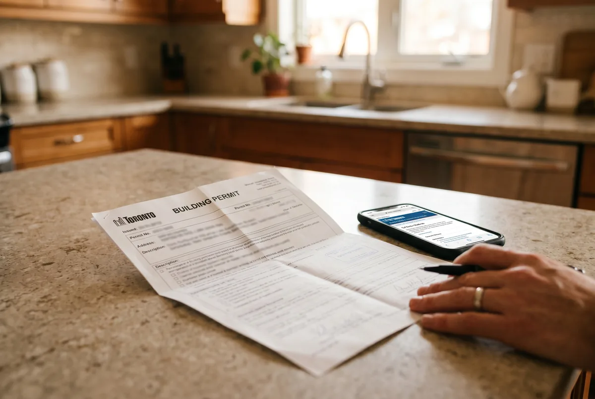 Ontario building permit application paperwork on a kitchen island for a window replacement project