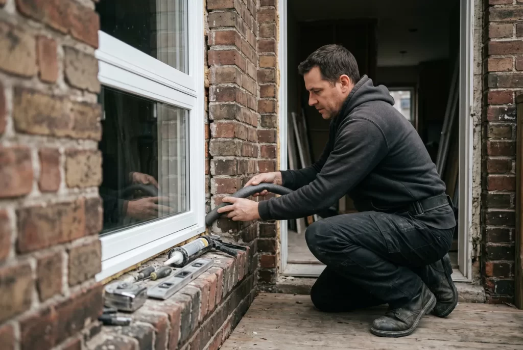 Window installer fitting a vinyl casement window into a brick rough opening on a Toronto home