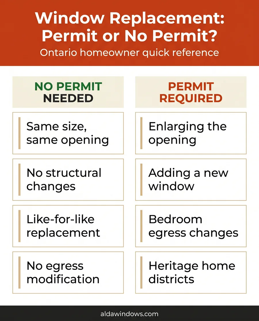 Window replacement permit decision guide for Ontario homeowners showing when permits are and are not required