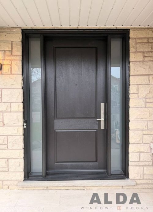 black fiberglass front door with sidelites installation