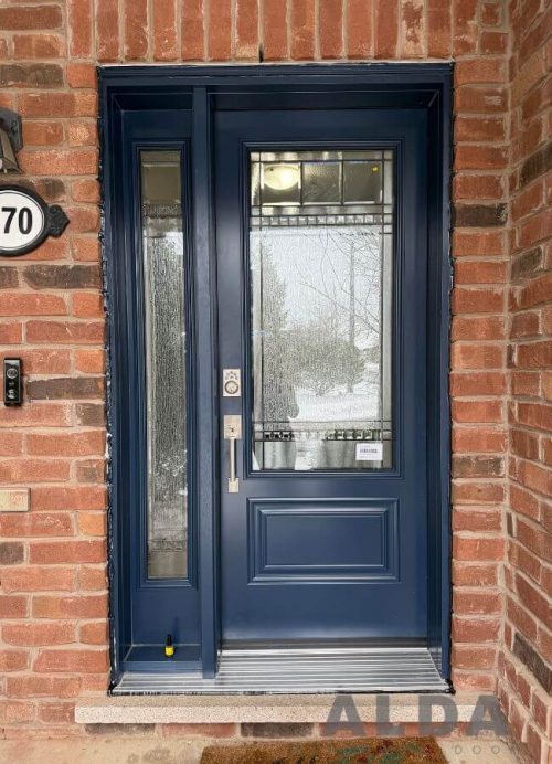 blue steel front door with sidelite installed