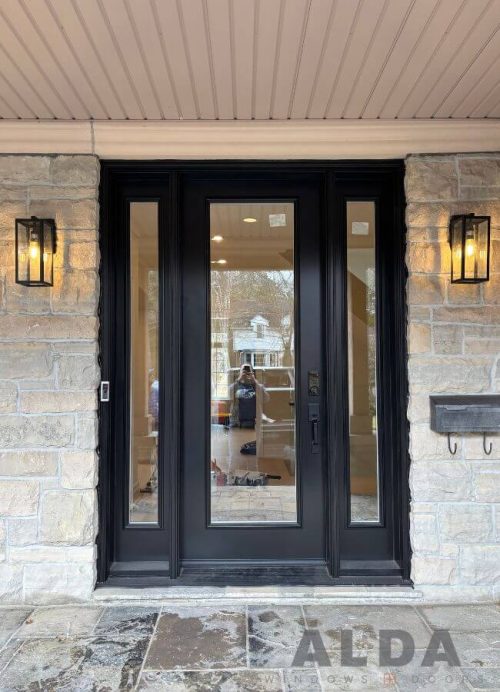 modern black steel front door two sidelites