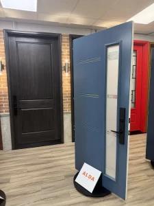 alda showroom blue glass entry door display