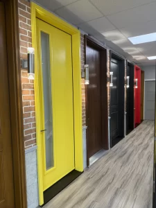 alda showroom yellow entry door display row