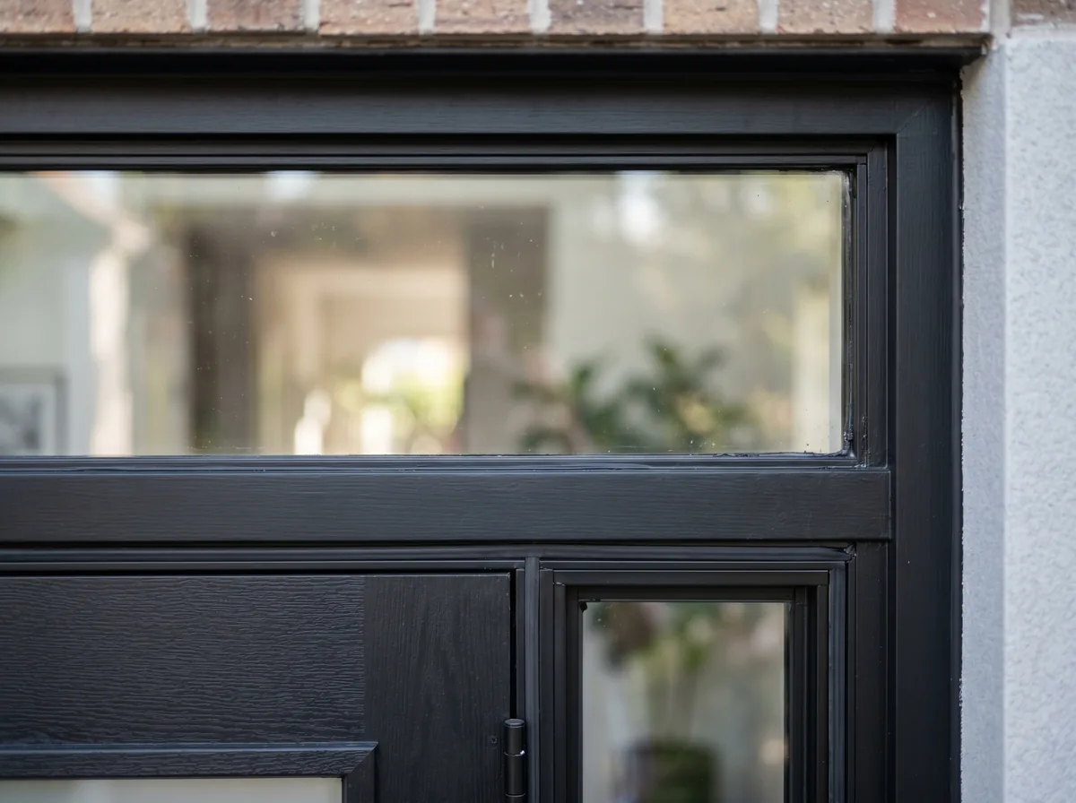 Close-up of a glass transom panel above a modern front door with a black transom bar