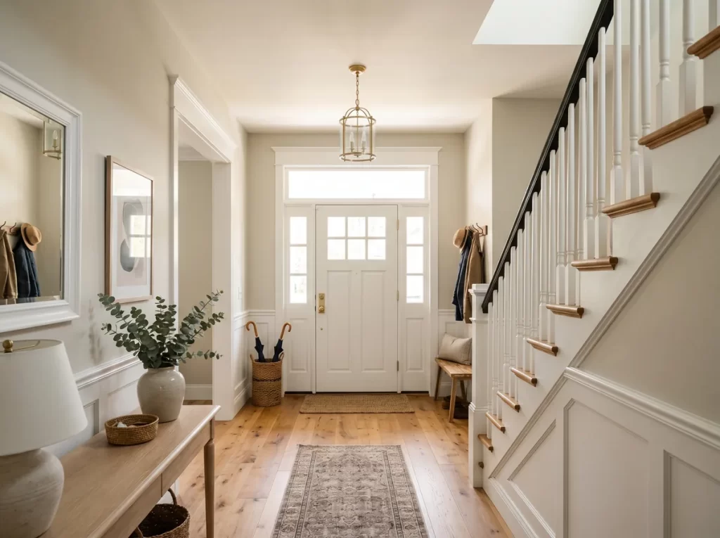 A bright front entry hall lit by daylight coming through a transom above the door