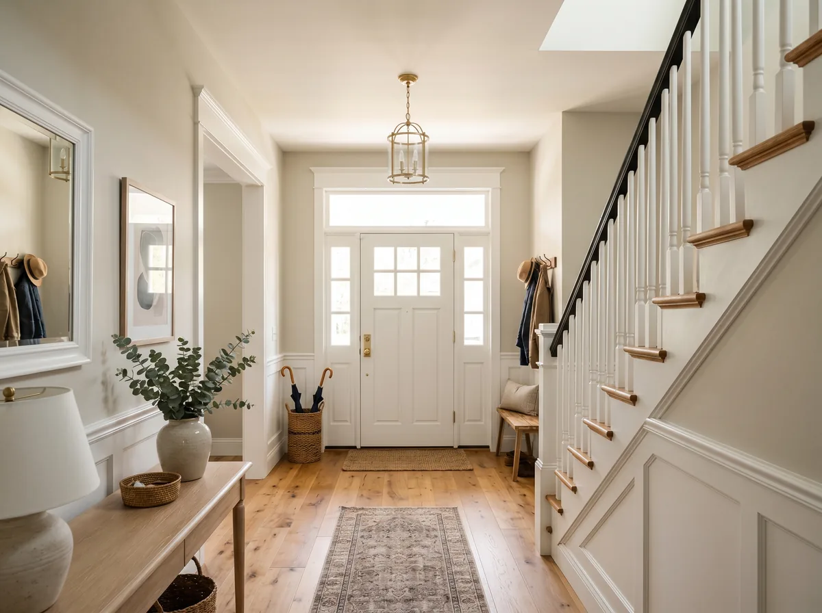 A bright front entry hall lit by daylight coming through a transom above the door