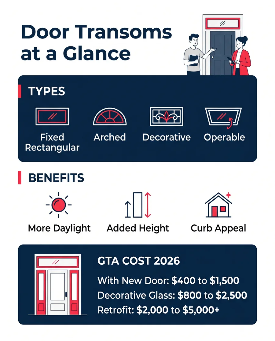Infographic comparing transom types, benefits, and GTA cost ranges for entry doors