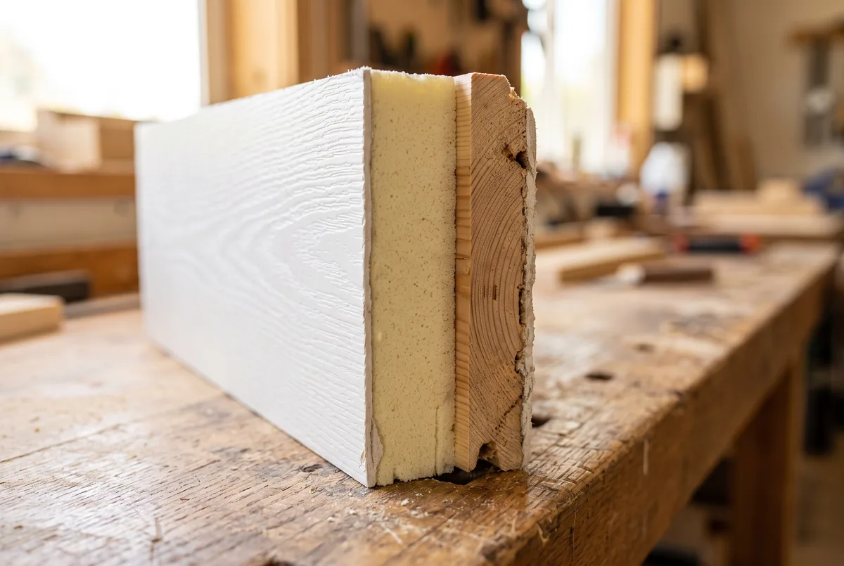 Cross section of a fiberglass door slab showing skin, foam core and wood frame