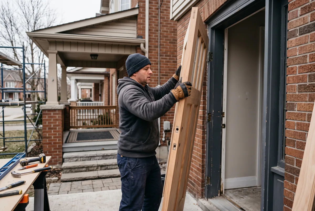 Installer fitting a new entry door slab into an existing frame at a GTA home