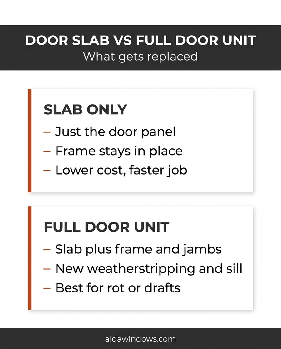 Infographic comparing a door slab replacement to a full door unit replacement