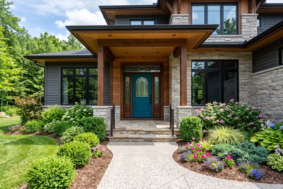 A statement front door with sidelites and landscaping on a GTA home main entrance