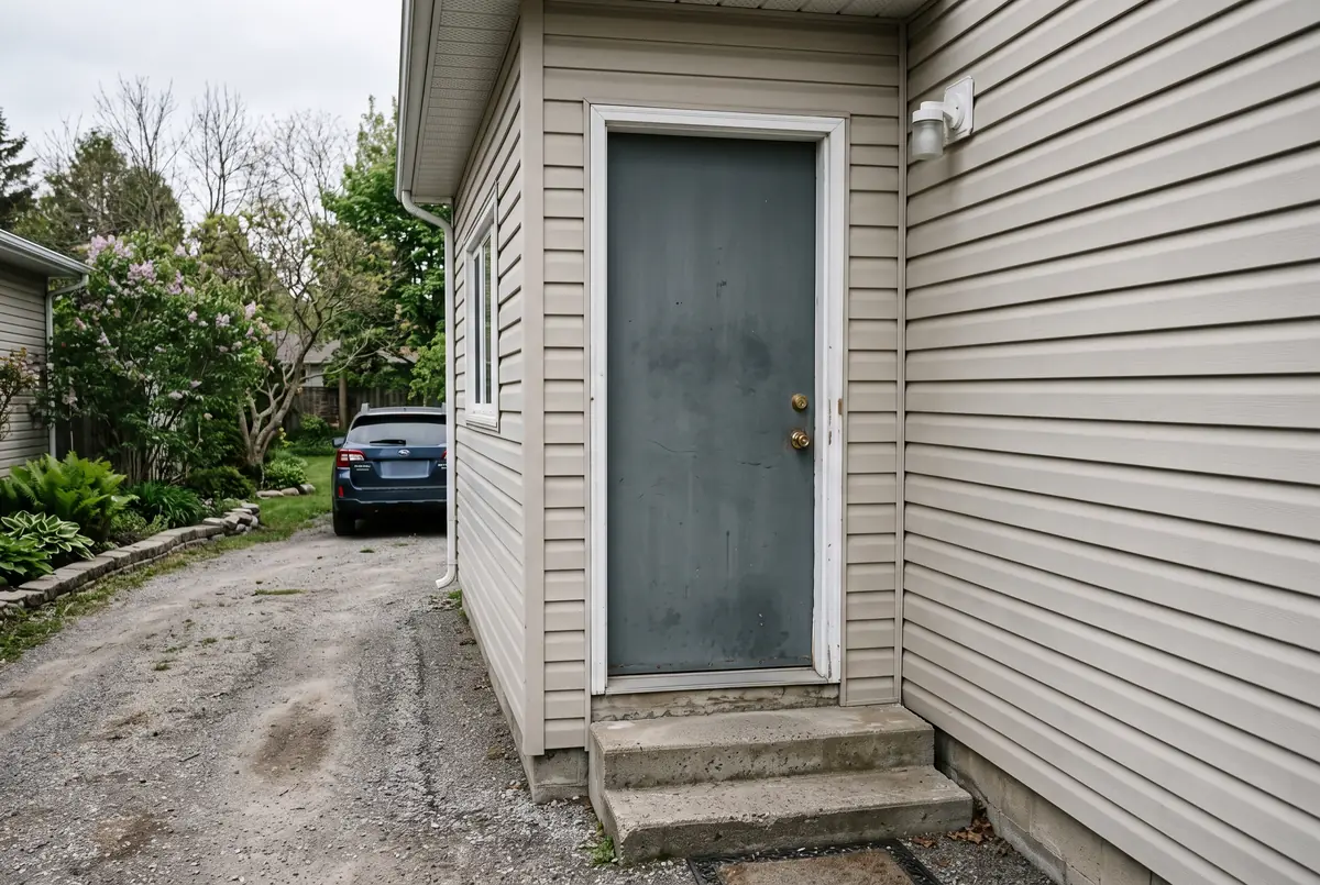 A plain steel side entry door off a driveway, a secondary exterior entrance